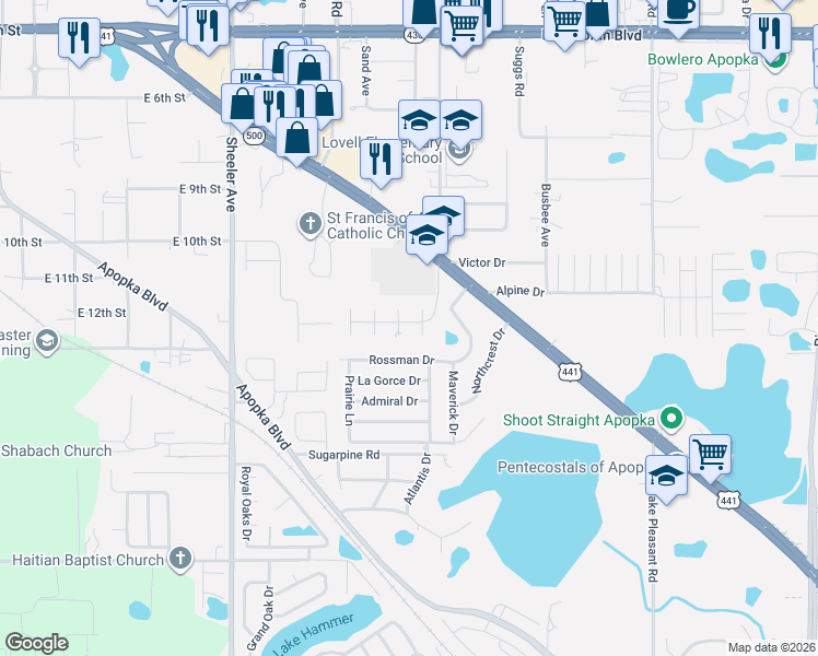 map of restaurants, bars, coffee shops, grocery stores, and more near 1100 S Roger Williams Road in Apopka
