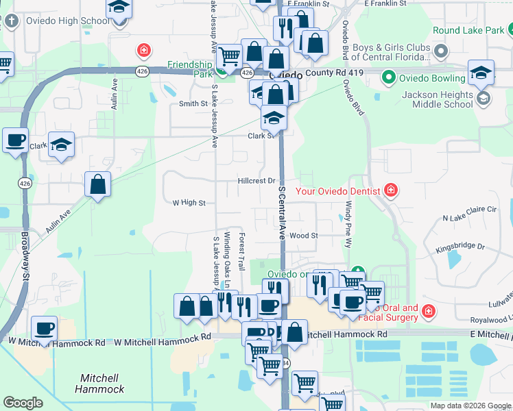 map of restaurants, bars, coffee shops, grocery stores, and more near 485 Graham Avenue in Oviedo