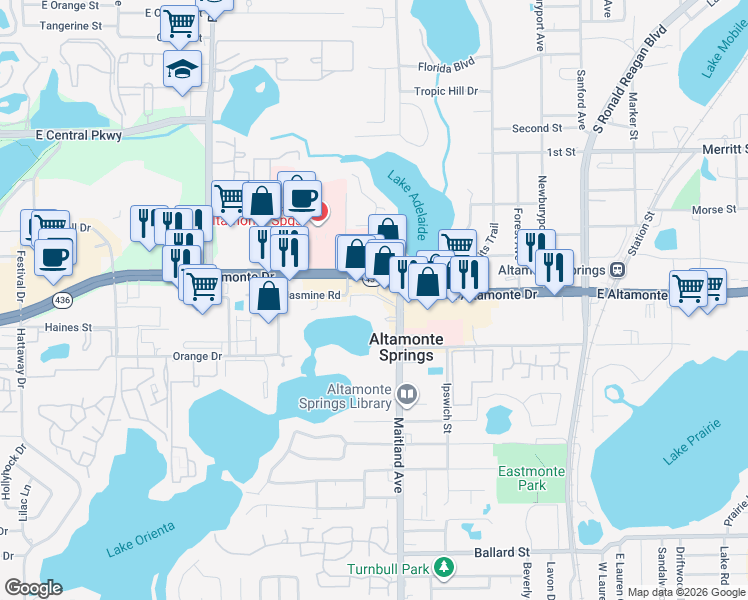 map of restaurants, bars, coffee shops, grocery stores, and more near 620 East Altamonte Drive in Altamonte Springs