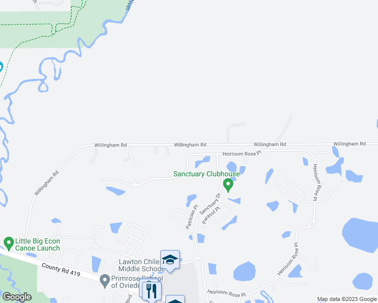 map of restaurants, bars, coffee shops, grocery stores, and more near 3314 Heirloom Rose Place in Oviedo