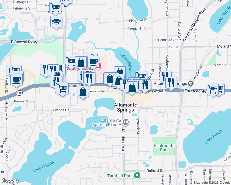 map of restaurants, bars, coffee shops, grocery stores, and more near 620 East Altamonte Drive in Altamonte Springs