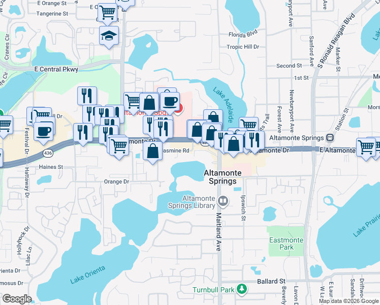 map of restaurants, bars, coffee shops, grocery stores, and more near 614 East Altamonte Drive in Altamonte Springs