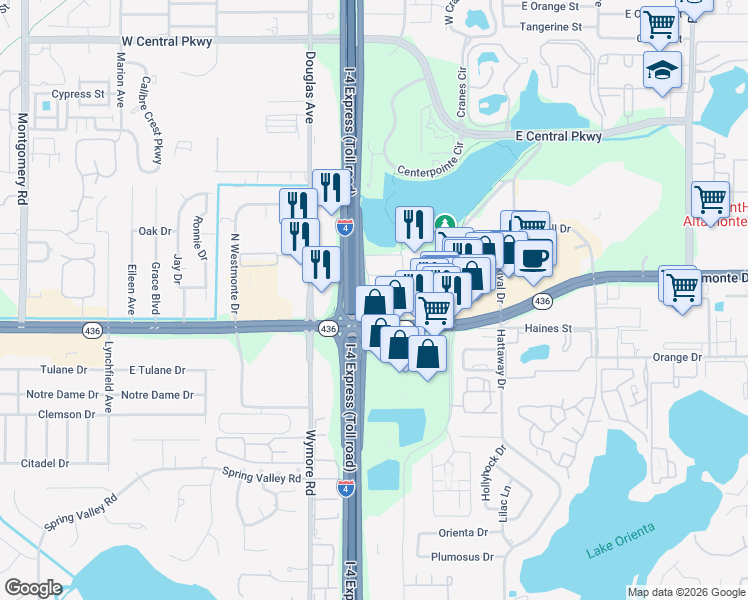 map of restaurants, bars, coffee shops, grocery stores, and more near 131 Water Front Way in Altamonte Springs