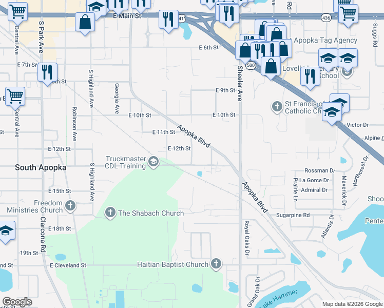 map of restaurants, bars, coffee shops, grocery stores, and more near 1116 Apopka Boulevard in Apopka