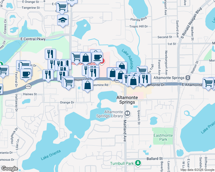 map of restaurants, bars, coffee shops, grocery stores, and more near 614 East Altamonte Drive in Altamonte Springs