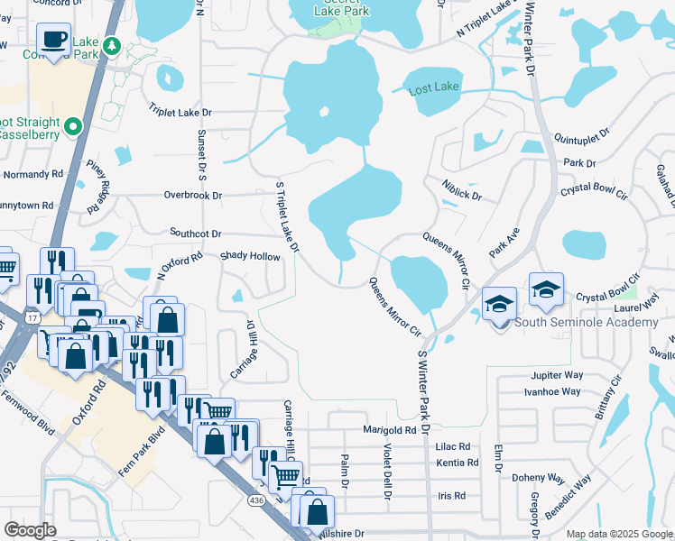 map of restaurants, bars, coffee shops, grocery stores, and more near 490 South Triplet Lake Drive in Casselberry