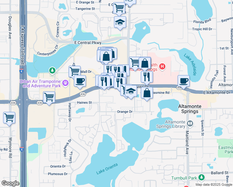map of restaurants, bars, coffee shops, grocery stores, and more near 476 East Altamonte Drive in Altamonte Springs