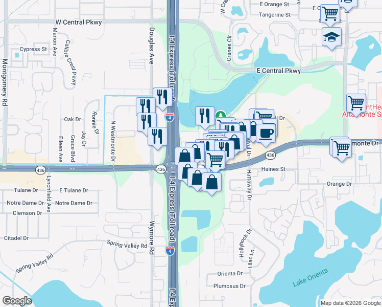 map of restaurants, bars, coffee shops, grocery stores, and more near 131 Water Front Way in Altamonte Springs