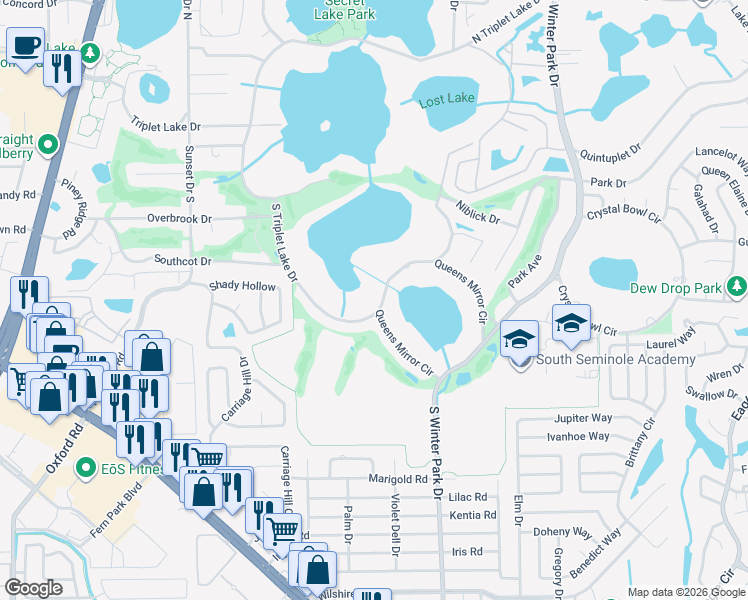 map of restaurants, bars, coffee shops, grocery stores, and more near 580 South Triplet Lake Drive in Casselberry