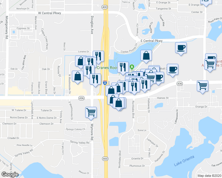 map of restaurants, bars, coffee shops, grocery stores, and more near 131 Water Front Way in Altamonte Springs