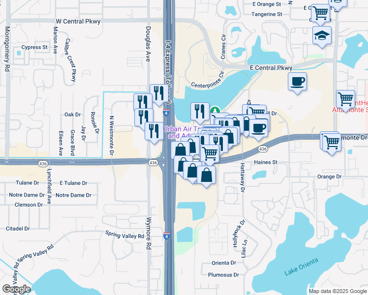 map of restaurants, bars, coffee shops, grocery stores, and more near 122 Water Front Way in Altamonte Springs