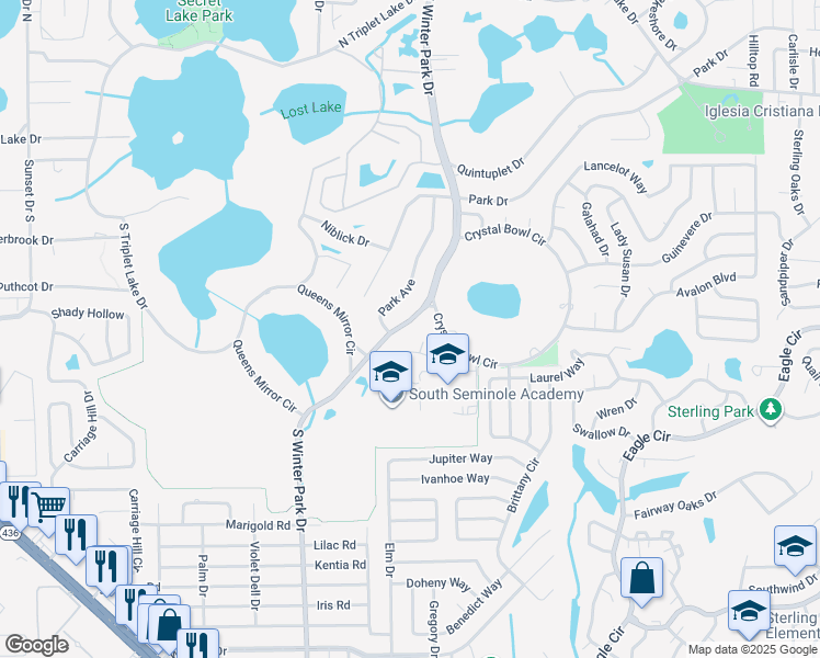 map of restaurants, bars, coffee shops, grocery stores, and more near 75 South Winter Park Drive in Casselberry