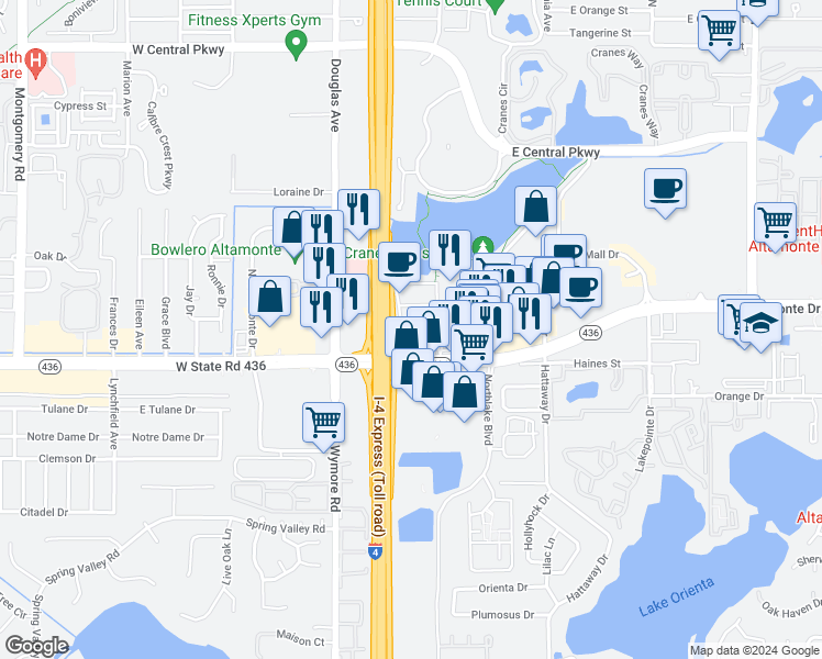 map of restaurants, bars, coffee shops, grocery stores, and more near 131 Water Front Way in Altamonte Springs