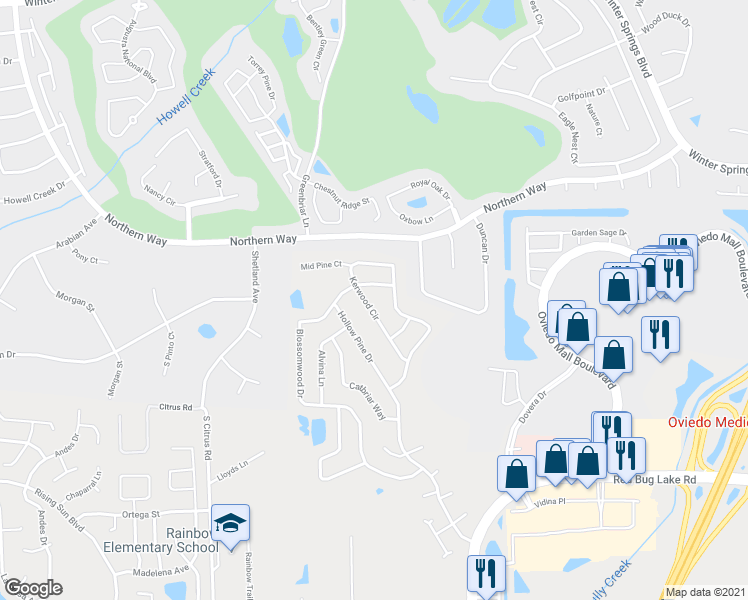 map of restaurants, bars, coffee shops, grocery stores, and more near 1107 Kerwood Circle in Oviedo