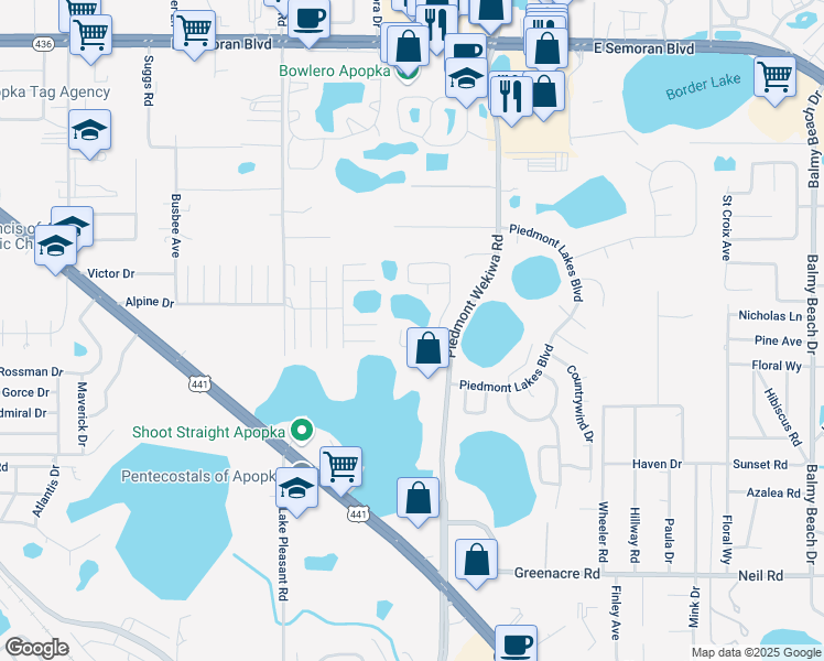 map of restaurants, bars, coffee shops, grocery stores, and more near 1100 Piedmont Oaks Drive in Apopka
