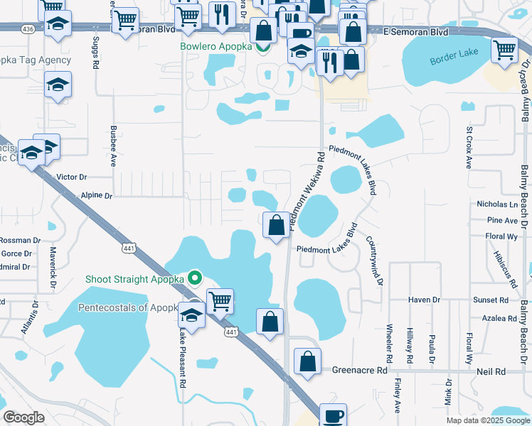 map of restaurants, bars, coffee shops, grocery stores, and more near 1100 Piedmont Oaks Drive in Apopka