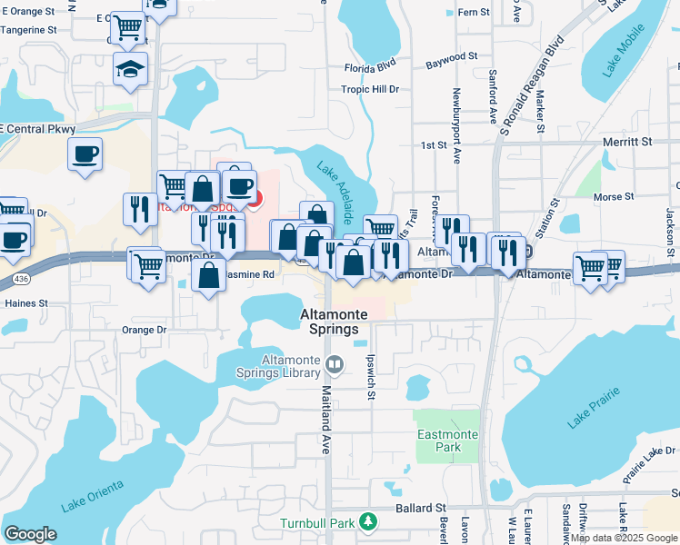 map of restaurants, bars, coffee shops, grocery stores, and more near 710 E Altamonte Dr in Altamonte Springs