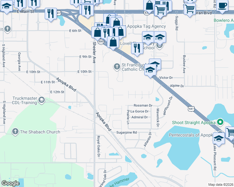 map of restaurants, bars, coffee shops, grocery stores, and more near 1238 East 10th Street in Apopka