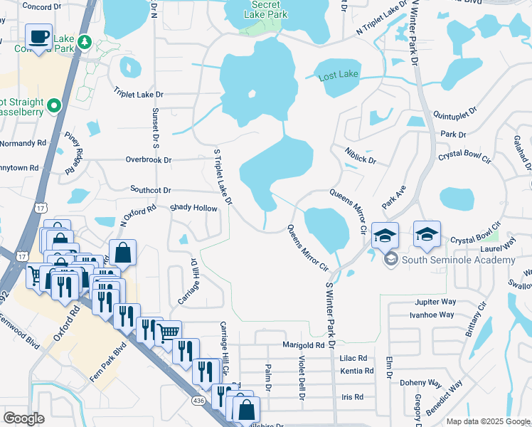 map of restaurants, bars, coffee shops, grocery stores, and more near 490 South Triplet Lake Drive in Casselberry