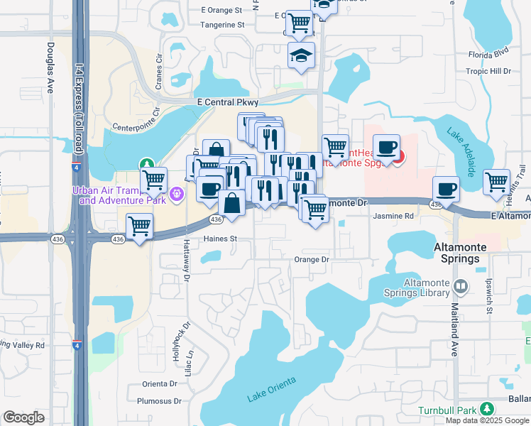 map of restaurants, bars, coffee shops, grocery stores, and more near 420 East Altamonte Drive in Altamonte Springs