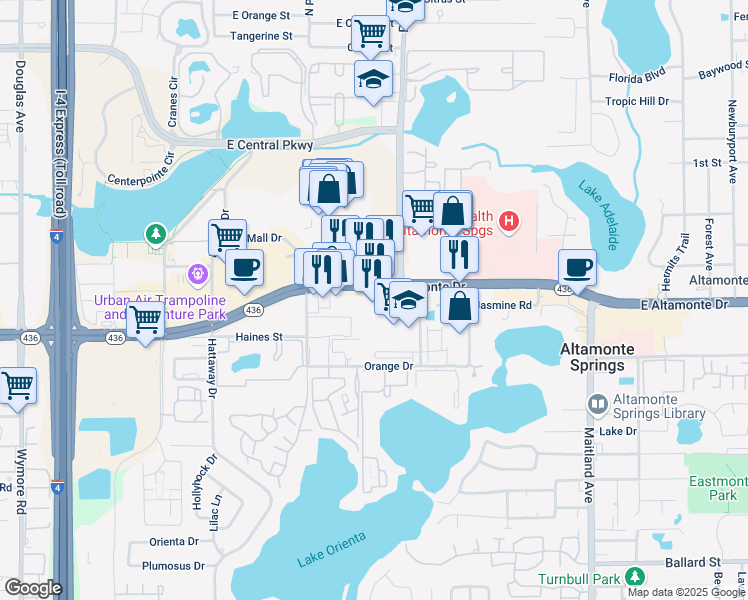 map of restaurants, bars, coffee shops, grocery stores, and more near 476 East Altamonte Drive in Altamonte Springs
