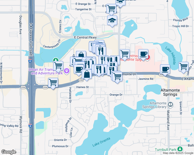 map of restaurants, bars, coffee shops, grocery stores, and more near 410 East Altamonte Drive in Altamonte Springs