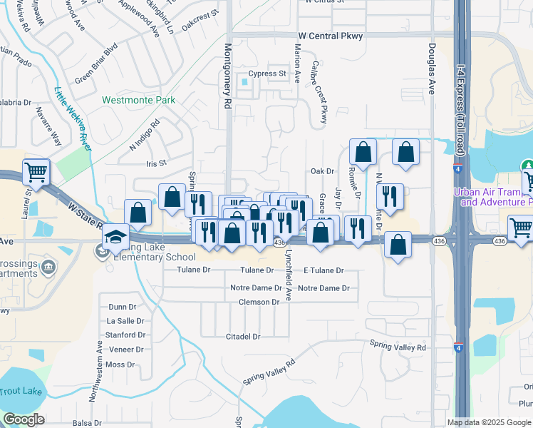 map of restaurants, bars, coffee shops, grocery stores, and more near 180 Olive Tree Circle in Altamonte Springs
