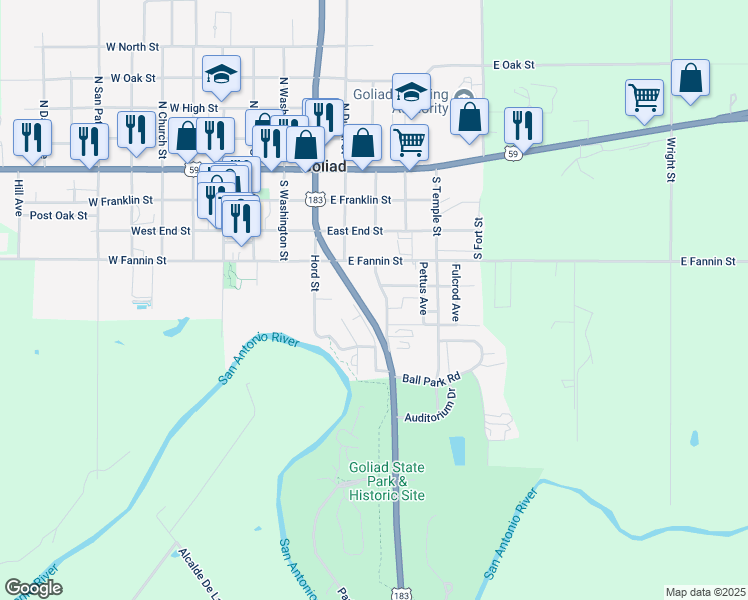 map of restaurants, bars, coffee shops, grocery stores, and more near 506 South Burke Street in Goliad