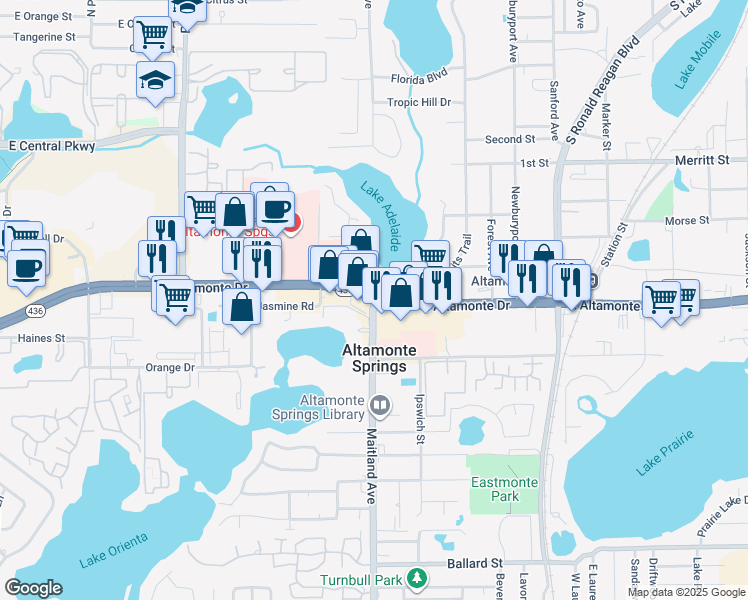 map of restaurants, bars, coffee shops, grocery stores, and more near East Altamonte Drive in Altamonte Springs