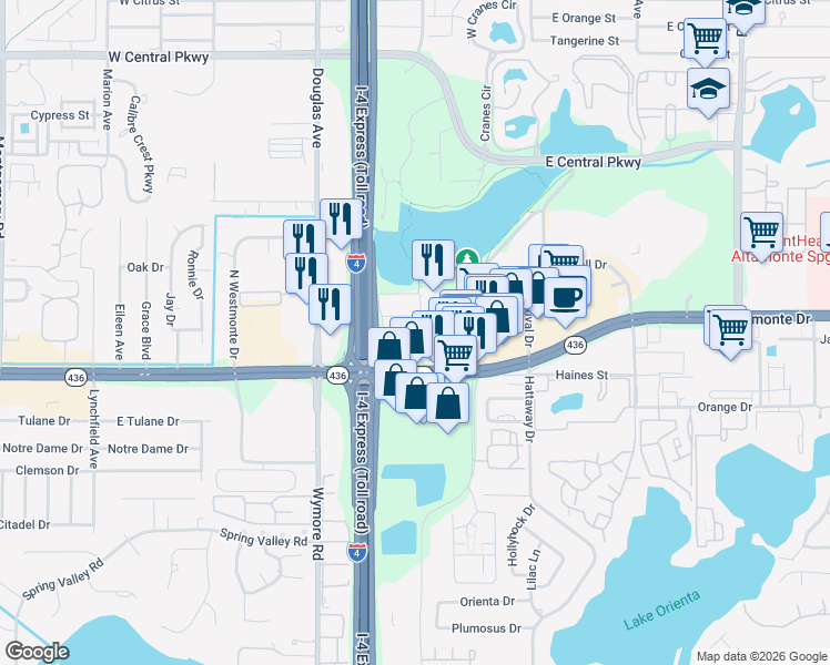 map of restaurants, bars, coffee shops, grocery stores, and more near 131 Water Front Way in Altamonte Springs