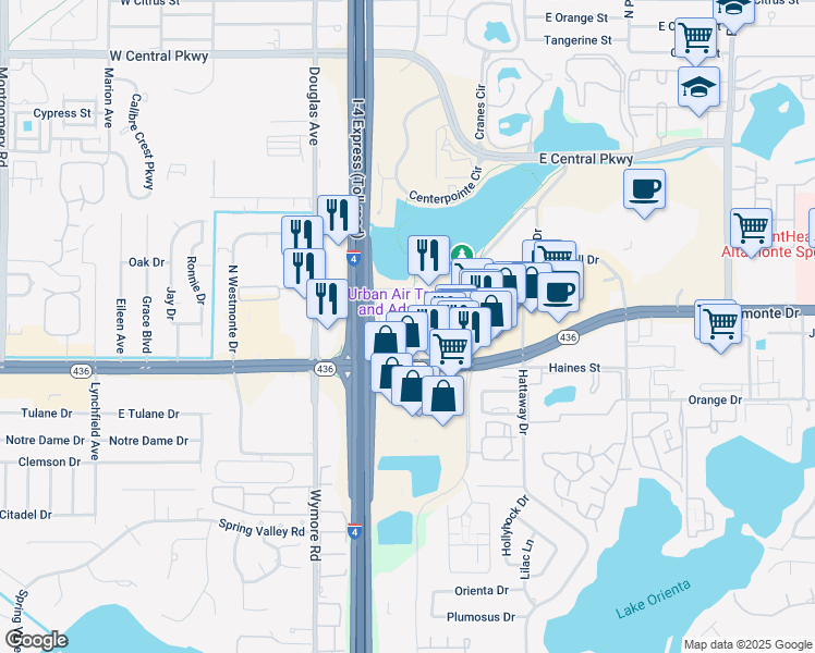 map of restaurants, bars, coffee shops, grocery stores, and more near 131 Water Front Way in Altamonte Springs