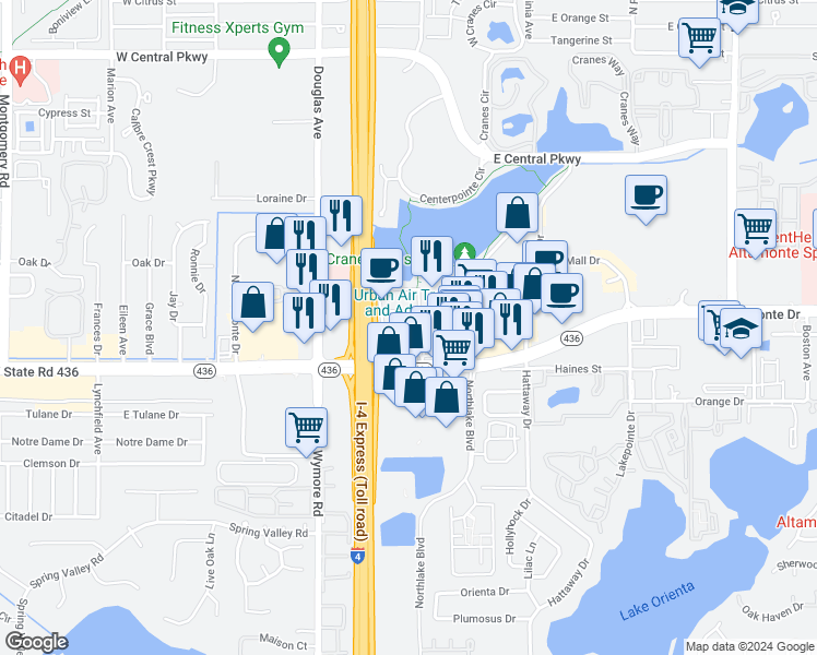 map of restaurants, bars, coffee shops, grocery stores, and more near 131 Water Front Way in Altamonte Springs