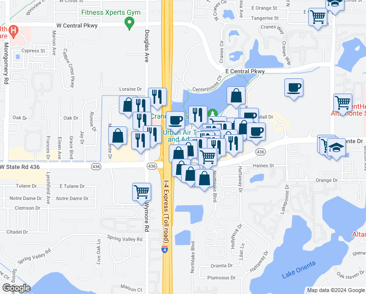 map of restaurants, bars, coffee shops, grocery stores, and more near 131 Water Front Way in Altamonte Springs