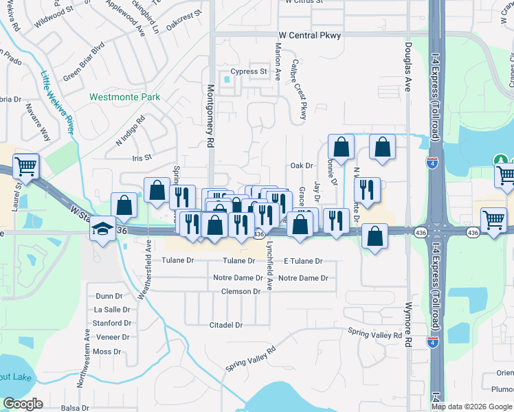 map of restaurants, bars, coffee shops, grocery stores, and more near 180 Olive Tree Circle in Altamonte Springs