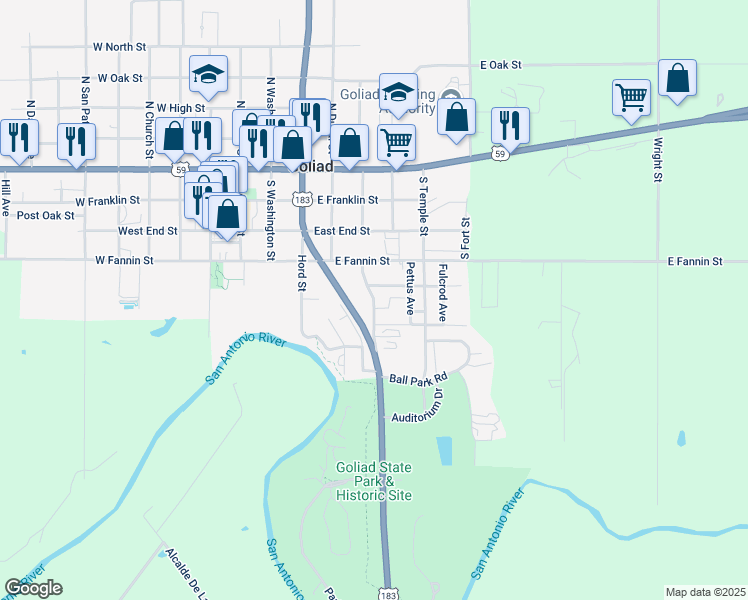 map of restaurants, bars, coffee shops, grocery stores, and more near 506 South Burke Street in Goliad
