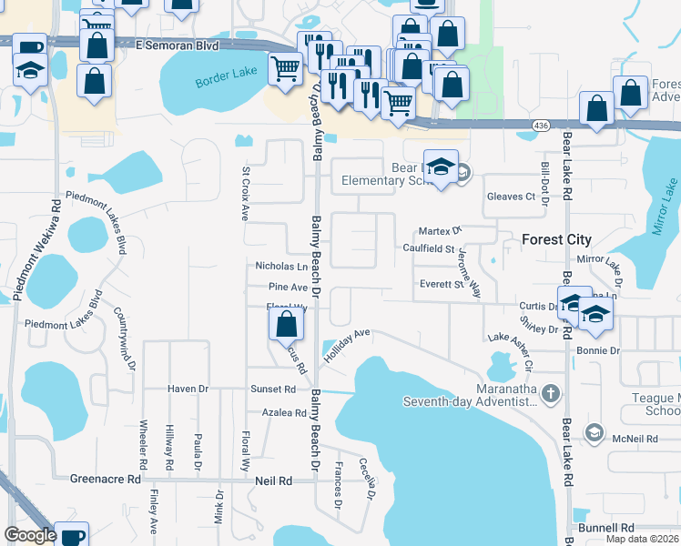 map of restaurants, bars, coffee shops, grocery stores, and more near 3163 Windchime Circle South in Apopka