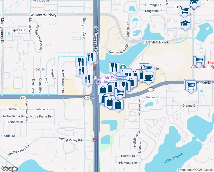 map of restaurants, bars, coffee shops, grocery stores, and more near 131 Water Front Way in Altamonte Springs