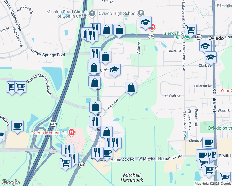 map of restaurants, bars, coffee shops, grocery stores, and more near 823 Douglas Avenue in Oviedo