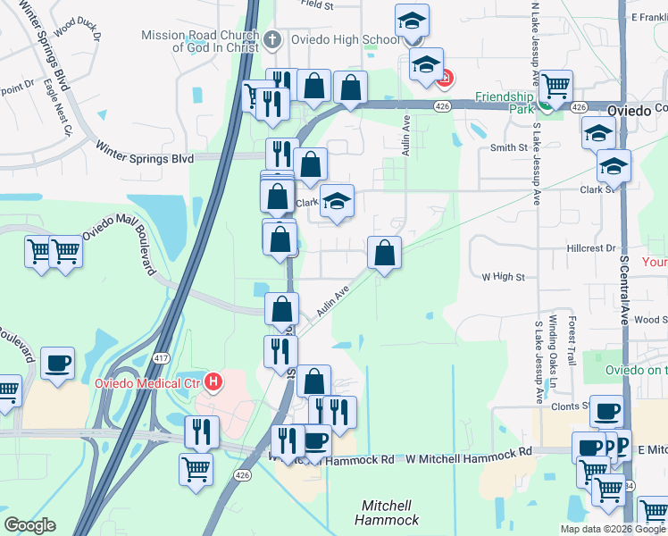 map of restaurants, bars, coffee shops, grocery stores, and more near 841 Douglas Avenue in Oviedo