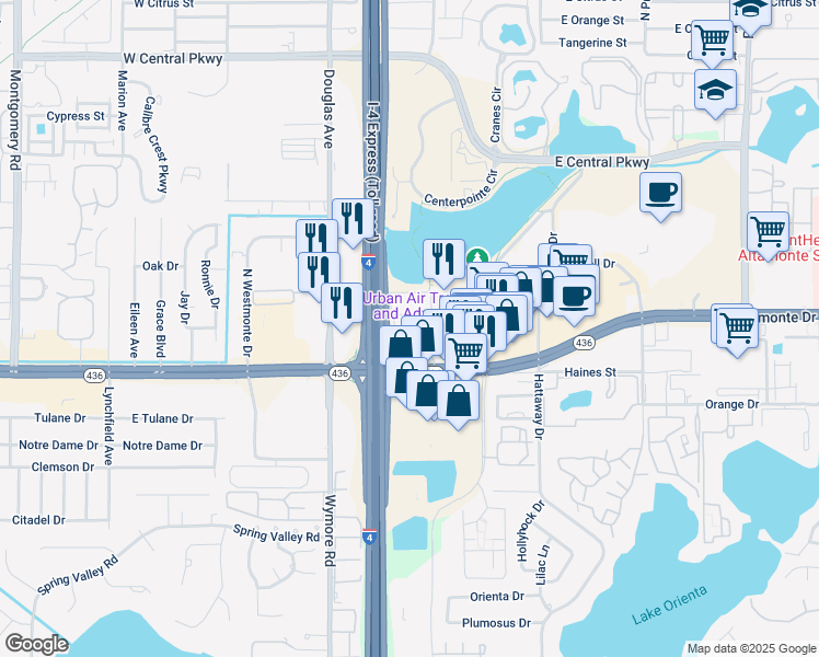 map of restaurants, bars, coffee shops, grocery stores, and more near 125 Water Front Way in Altamonte Springs