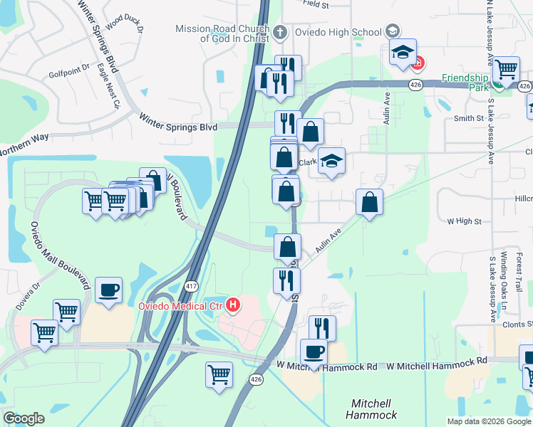 map of restaurants, bars, coffee shops, grocery stores, and more near 1150 Sugar Mill Road in Oviedo