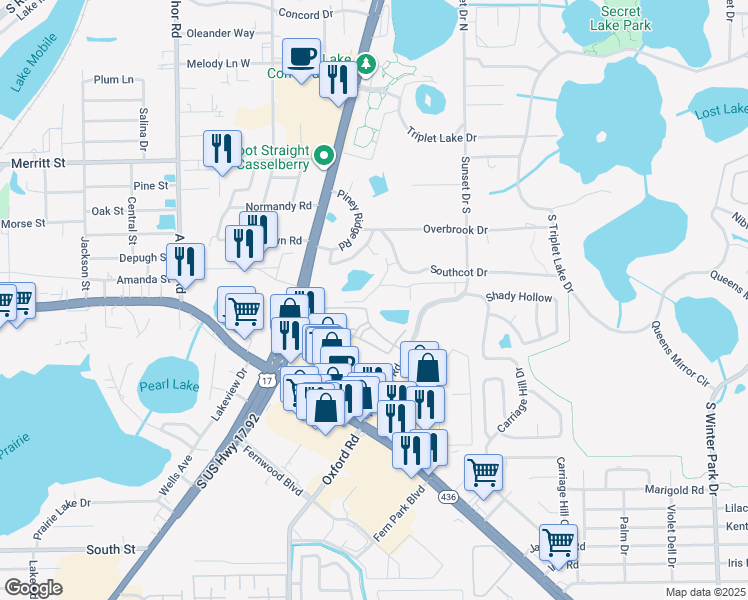 map of restaurants, bars, coffee shops, grocery stores, and more near 351 Conch Shell Lane in Casselberry