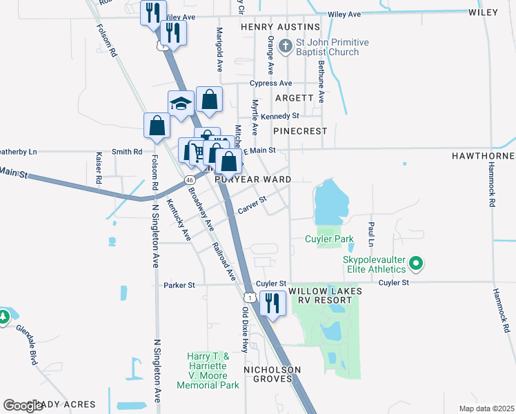 map of restaurants, bars, coffee shops, grocery stores, and more near 3009 Carver Street in Mims
