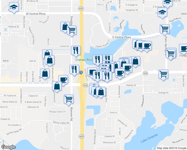 map of restaurants, bars, coffee shops, grocery stores, and more near 131 Water Front Way in Altamonte Springs