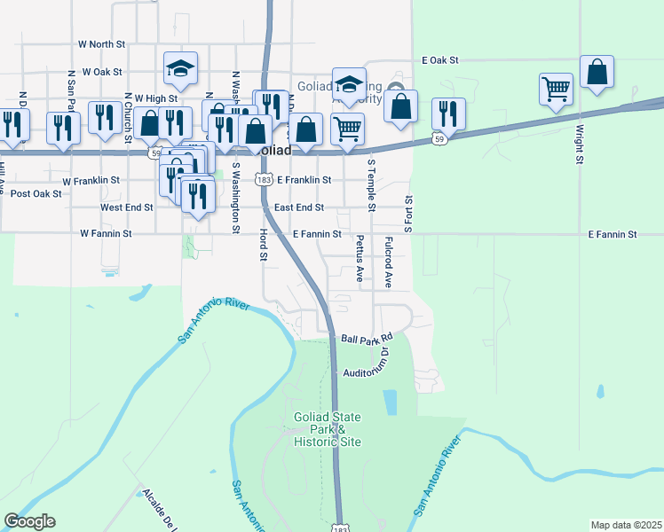map of restaurants, bars, coffee shops, grocery stores, and more near 506 South Burke Street in Goliad