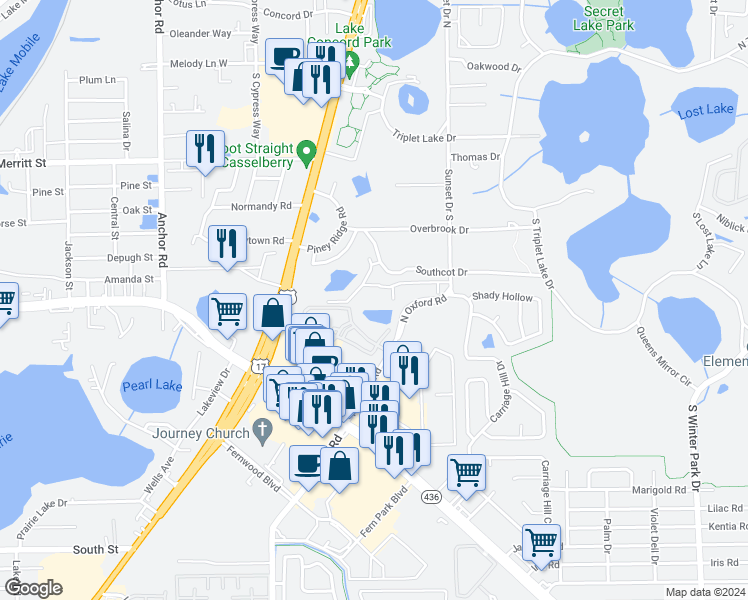 map of restaurants, bars, coffee shops, grocery stores, and more near 408 Sandpiper Lane in Casselberry