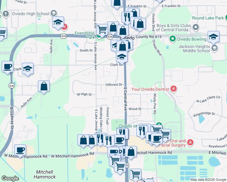 map of restaurants, bars, coffee shops, grocery stores, and more near 485 Graham Avenue in Oviedo