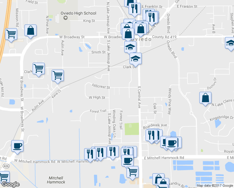 map of restaurants, bars, coffee shops, grocery stores, and more near 455 Madison Lane in Oviedo
