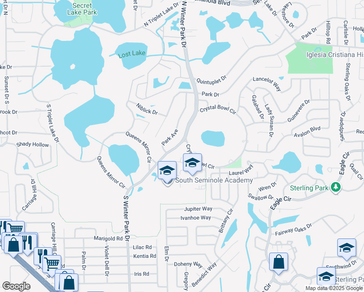 map of restaurants, bars, coffee shops, grocery stores, and more near 75 South Winter Park Drive in Casselberry