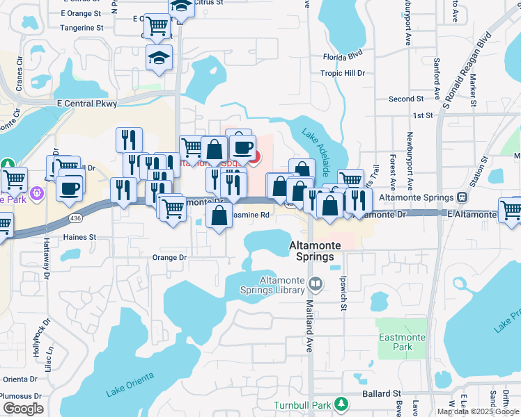 map of restaurants, bars, coffee shops, grocery stores, and more near 614 East Altamonte Drive in Altamonte Springs